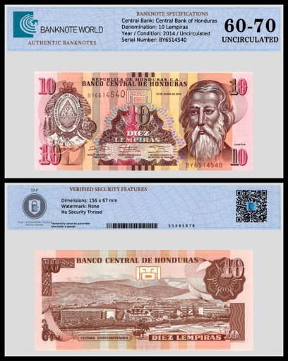 Honduras 10 Lempiras Banknote, 2014, P-99b, UNC, TAP 60-70 Authenticated