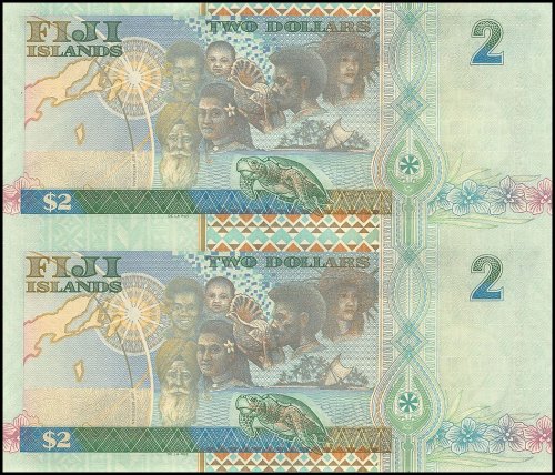 Fiji 2 Dollars Banknote, 2000, P-102, UNC, 2 Pieces Uncut Sheet