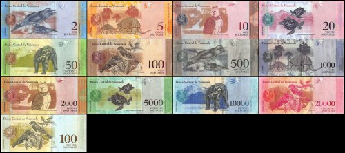 Venezuela 2-100,000 Bolivar Fuerte 13 Pieces Banknote Set, 2007-2017, P-88-100, Used