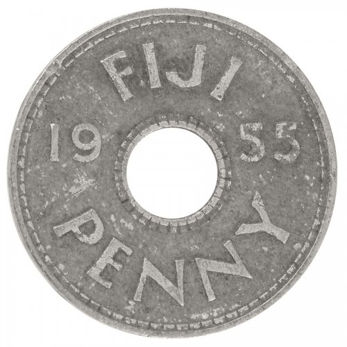 Fiji 1 Penny Coin, 1955, KM #21, F-Fine, Queen Elizabeth II