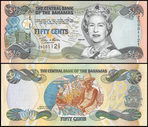 Bahamas 1/2 Dollar Banknote, 2001, P-68, UNC, Replacement, Queen Elizabeth II