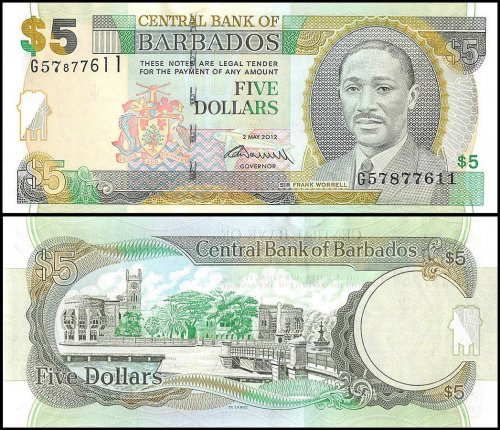 Barbados 5 Dollars Banknote, 2012, P-67c, UNC
