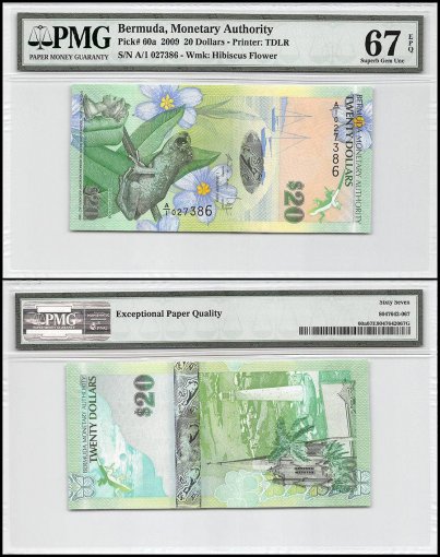 Bermuda 20 Dollars, 2009, P-60a, PMG 67