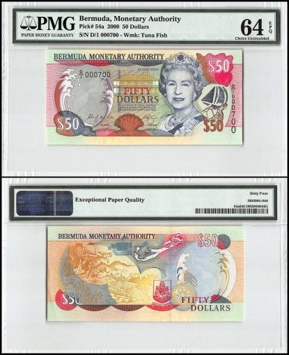 Bermuda 50 Dollars, 2000, P-54a, Queen Elizabeth II, Low Serial #, PMG 64