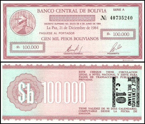 Bolivia 10 Centavos de Boliviano on 100,000 Pesos Bolivianos Banknote, D.05.06.1984 (1987 ND), P-197, UNC