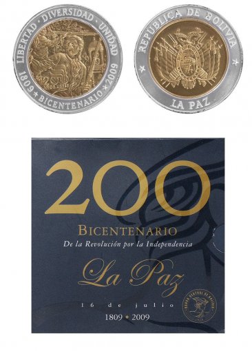 Bolivia 15g Bi-Metallic Coin, 2009, Mint, Revolucion por la Independencia, La Paz
