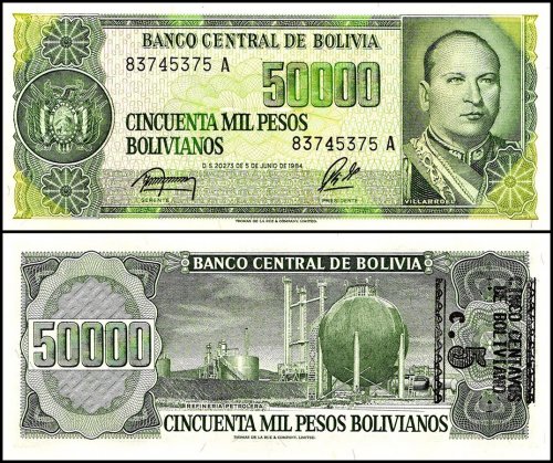 Bolivia 5 Centavos de Boliviano on 50,000 Pesos Bolivianos D.05.06.1984 (1987), P-196a.1, UNC, Overprint, 5 Centavos on Back Right