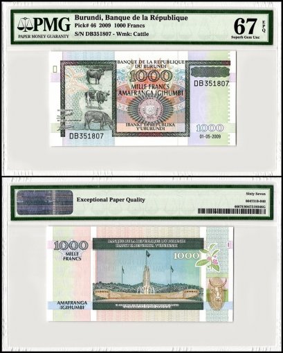 Burundi 1,000 Francs Banknote, 2009, P-46, PMG 67