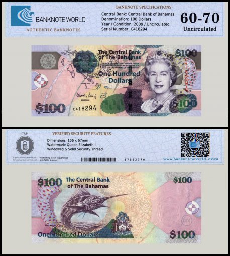 Bahamas 100 Dollars Banknote, 2009, P-76a, UNC, TAP 60-70 Authenticated