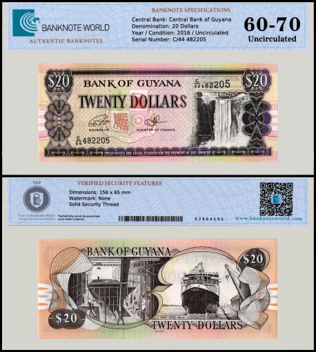 Guyana 20 Dollars Banknote, 1996, P-30f.1, UNC, TAP 60-70 Authenticated