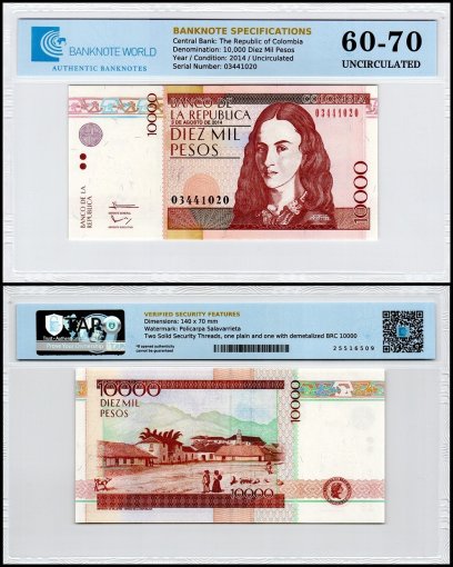 Colombia 10,000 Pesos Banknote, 2014, P-453r, UNC, TAP 60-70 Authenticated