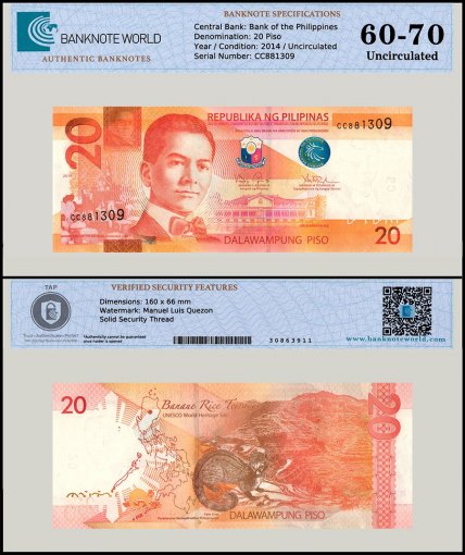 Philippines 20 Piso Banknote, 2014, P-206a.4, UNC, TAP 60-70 Authenticated