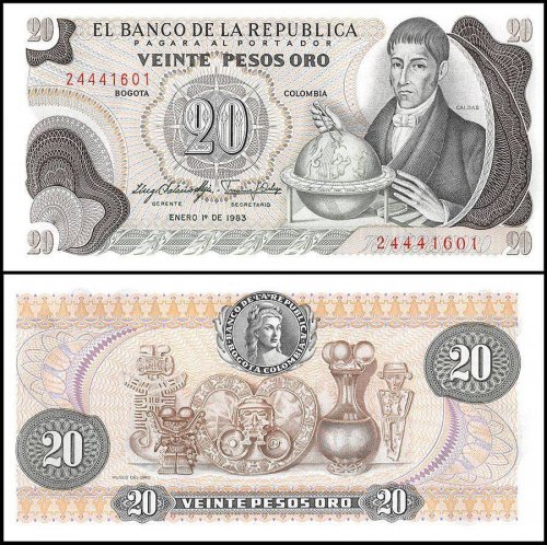 Colombia 20 Pesos Oro Banknote, 1983, P-409d, UNC