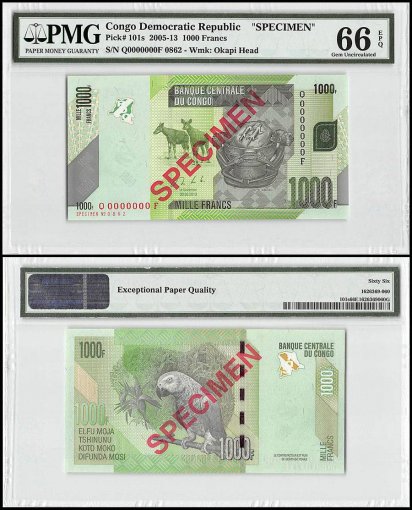 Congo 1,000 Francs, 2005-13, P-101s, Specimen, PMG 66