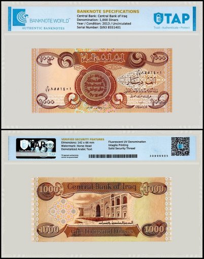 Iraq 1,000 Dinars Banknote, 2013 (AH1434), P-93c, UNC, TAP Authenticated