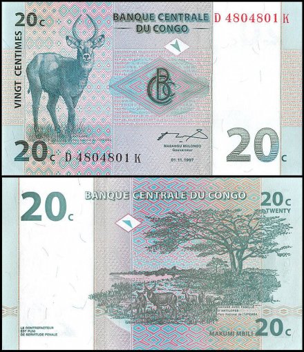 Democratic Republic of Congo 20 Centimes Banknote, 1997, P-83, UNC