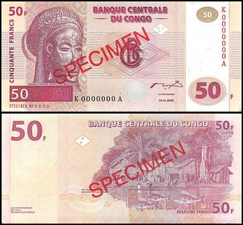 Democratic Republic of Congo 50 Francs Banknote, 2000, P-91s, UNC, Specimen