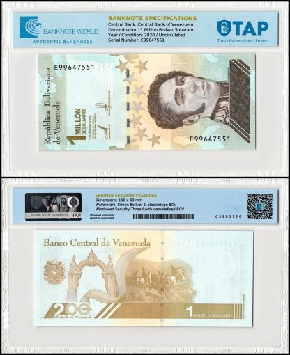 Venezuela 1 Million Bolivar Soberano Banknote, 2020, P-114, UNC, TAP Authenticated