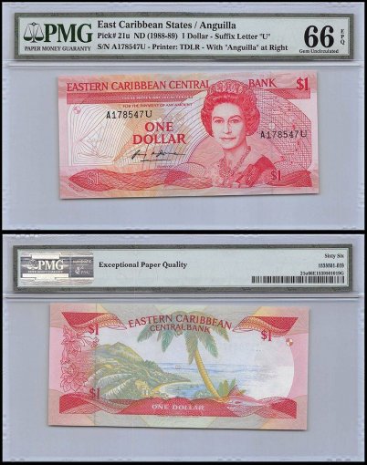 East Caribbean States - Anguilla 1 Dollar, 1988-89, P-21u, , Queen Elizabeth II, PMG 66