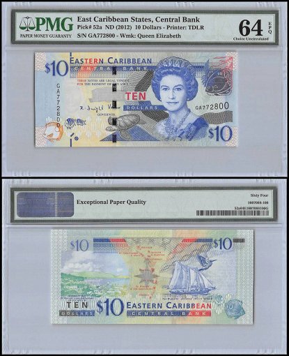 East Caribbean States 10 Dollars, ND 2012, P-52, Queen Elizabeth II, PMG 64