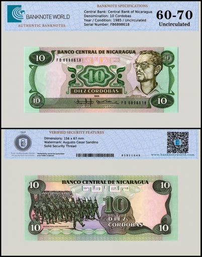 Nicaragua 10 Cordobas Banknote, 1985, P-151, UNC, Series FB, TAP 60-70 Authenticated