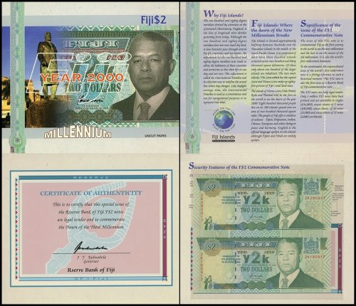 Fiji 2 Dollars Banknote, 2000, P-102, UNC, 2 Pieces Uncut Sheet