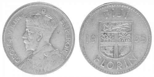 Fiji 1 Florin Silver Coin, 1935, KM #5, XF-Extremely Fine, King George V, Coat of Arms