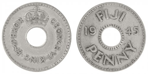 Fiji 1 Penny Coin, 1945, KM #7, VF-Very Fine, King George VI
