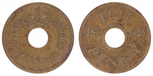 Fiji 1 Penny Coin, 1943, KM #7a, VF-Very Fine, King George VI