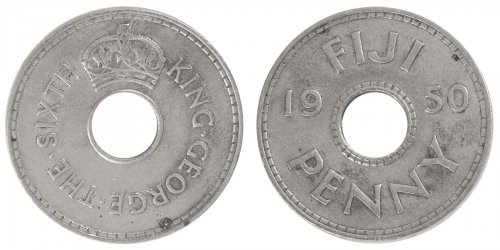 Fiji 1 Penny Coin, 1950, KM #17, F-Fine, King George VI