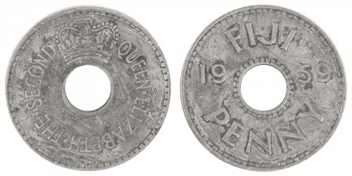 Fiji 1 Penny Coin, 1959, KM #21, F-Fine, Queen Elizabeth II