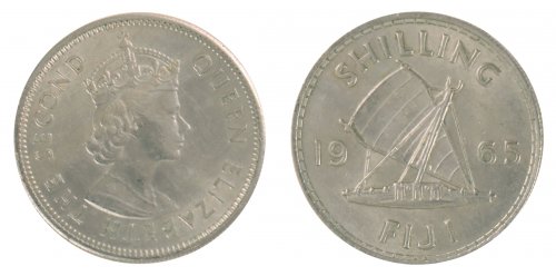 Fiji 1 Shilling Coin, 1965, KM #23, Mint, Queen Elizabeth II, Boat