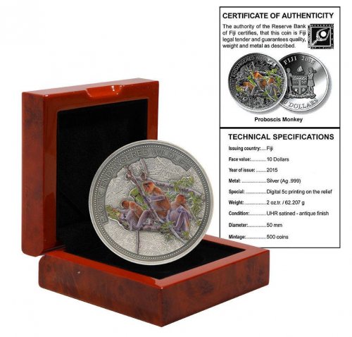 Fiji 10 Dollars 62.2g Silver .999 Coin, 2015, Mint, Proboscis Monkey, Wildlife
