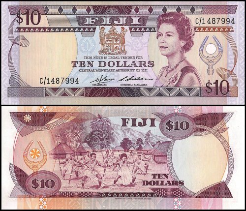 Fiji 10 Dollars Banknote, 1986, P-84a, UNC, Queen Elizabeth II, Sig. D. J. Barnes & S. Siwatibau