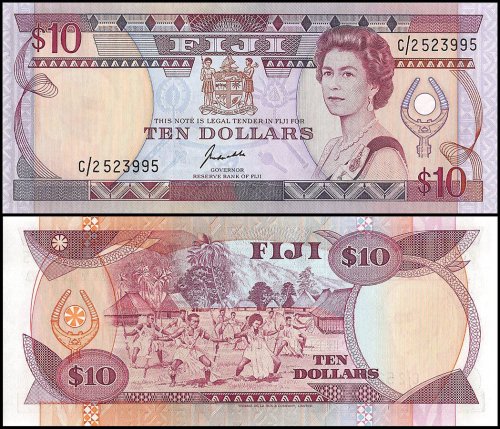 Fiji 10 Dollars Banknote, 1989, P-92a, UNC, Queen Elizabeth II, Signature J. Kuabuabola