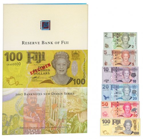 Fiji 2-100 Dollars 6 Pieces Banknote Set, 2007 ND, P-109-114, UNC, Matching Serial #