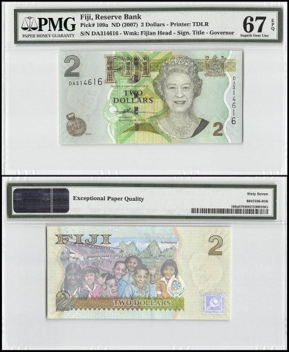 Fiji 2 Dollars, 2007, P-109a, Queen Elizabeth ll, Mohar Locket, Children, PMG 67