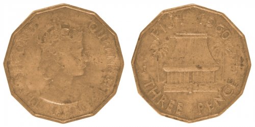 Fiji 3 Pence Coin, 1960, KM #22, XF-Extremely Fine, Queen Elizabeth II, Hut