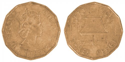 Fiji 3 Pence Coin, 1961, KM #22, XF-Extremely Fine, Queen Elizabeth II, Hut