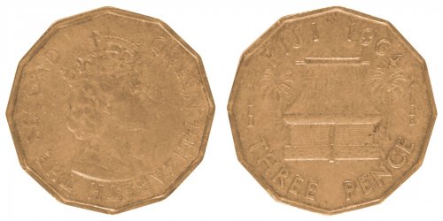 Fiji 3 Pence Coin, 1964, KM #22, VF-Very Fine, Queen Elizabeth II, Hut