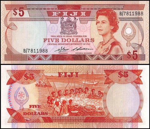 Fiji 5 Dollars Banknote, 1986, P-83a, UNC, Queen Elizabeth II, Sig. D. J. Barnes & S. Siwatibau