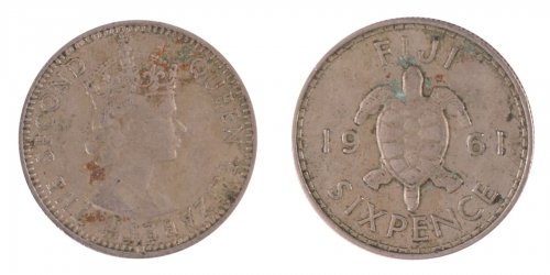 Fiji 6 Pence Coin, 1961, KM #19, F-Fine, Queen Elizabeth II, Turtle