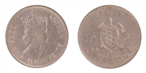 Fiji 6 Pence Coin, 1961, KM #19, Mint, Queen Elizabeth II, Turtle