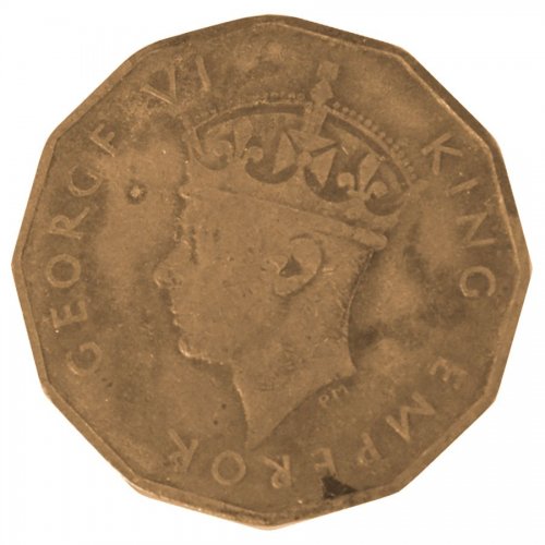 Fiji 3 Pence Coin, 1947, KM #15, F-Fine, King George VI, Hut