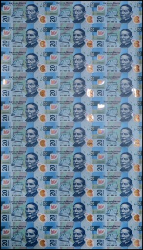 Mexico 20 Pesos Banknote, 2016, P-122n, UNC, Polymer, Series Z, 30 Pieces Uncut Sheet