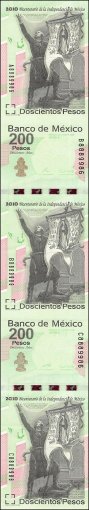 Mexico 200 Pesos Banknote, 2008, P-129, UNC, Commemorative, Series A, 3 Pieces Uncut Sheet