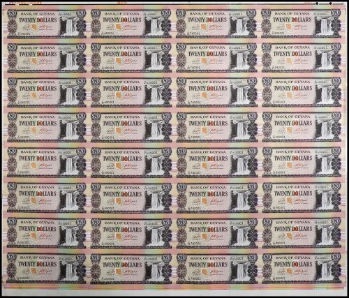 Guyana 20 Dollars Banknote, 1996-2018 ND, P-30g, UNC, 32 Pieces Uncut Sheet