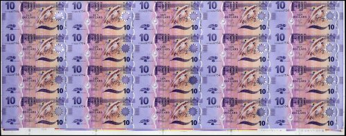 Fiji 10 Dollars Banknote, 2013 ND, P-116, UNC, 20 Pieces Uncut Sheet