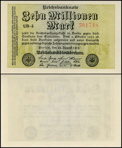 Germany 10 Million Mark Banknote, 1923, P-106a, UNC