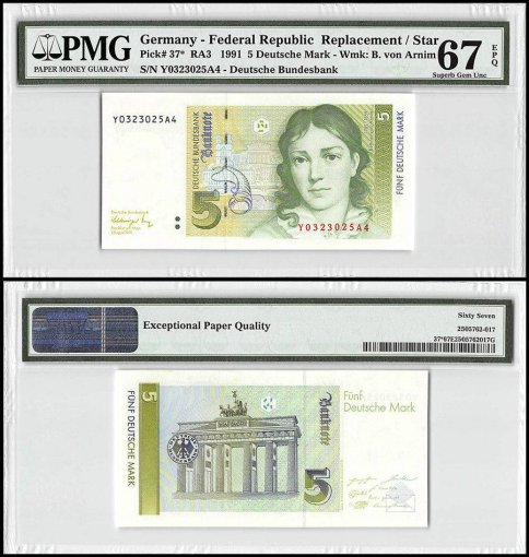 Germany 5 Deutsche Mark, 1991, P-37, Replacement/Star, PMG 67